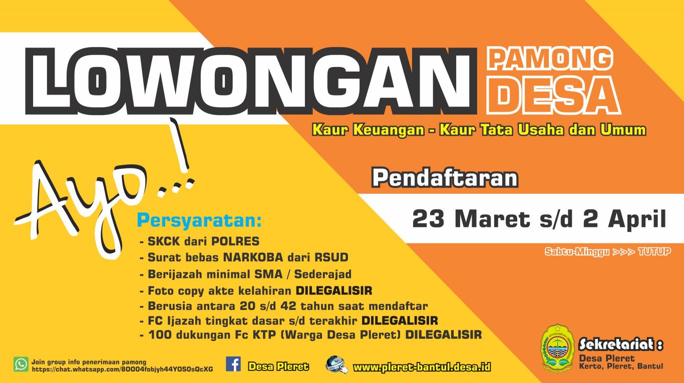 TELAH DIBUKA..!! Pendaftaran Pengisian Pamong Desa Pleret Tahun 2018